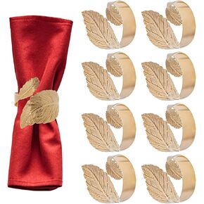 8 Pack Gold Leaf Napkin Rings Metal Napkin Rings Table Napkin Holders for Christmas Festival Parties Dinning Table Decorations