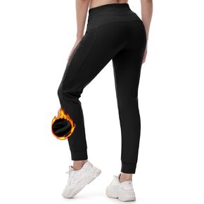 TBMPOY Women's Fleece Lined Jogger Pants Water Resistant Winter Hiking Sweatpants High Waisted Cargo Pockets Thermal Warm Running Black L