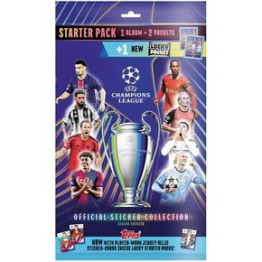 Topps UEFA Champions League Stickers 24/25 - Starter Pack - Contains an 80 Page Sticker Album and 3 Packets (18 Stickers), one of which is a Lucky Packet with an Extra Special Shiny Sticker Inside!