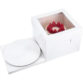 10 Sets Tall Cake Boxes with Boards, 10x10x8 Inches, Multi-Layer Cake Boxes Set (10pcs Boxes and 10pcs Boards), White Bakery Box with Window for Cakes