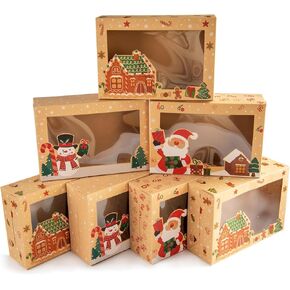 15 Pack Christmas Cookie Boxes, 8.6 x 5.9 x 2.8 inches Holiday Baking Boxes with Window Christmas Kraft Cookie Container for Candy, Donut, Cupcake, Bread