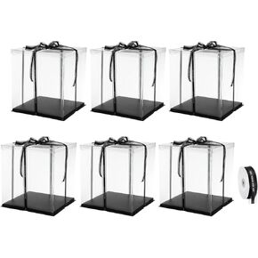 uxcell Clear Cake Box, 6Pcs 13"x13"x15" - Tall Cake Boxes with Ribbon for 12 Inch Cake Packing Carry - for Birthday Parties, Wedding (Black)