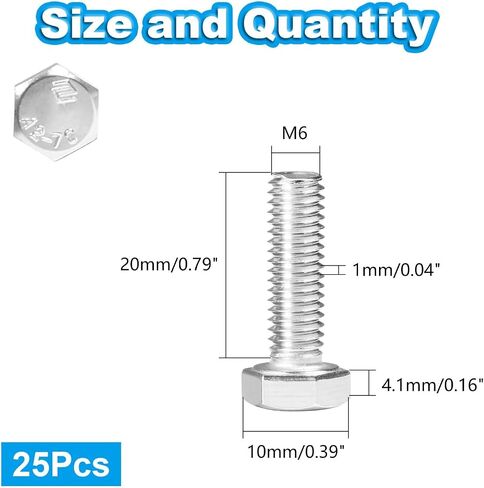 Yinpecly 25 Pcs M6 Hex Bolts M6-1.0 x 20mm Hex Head Screw Bolt 304 Stainless Steel M6-1.0mm Hexagon Bolts Hex Head Screws, Metric Machine Fully Thread, Bright Finish in Saudi Arabia