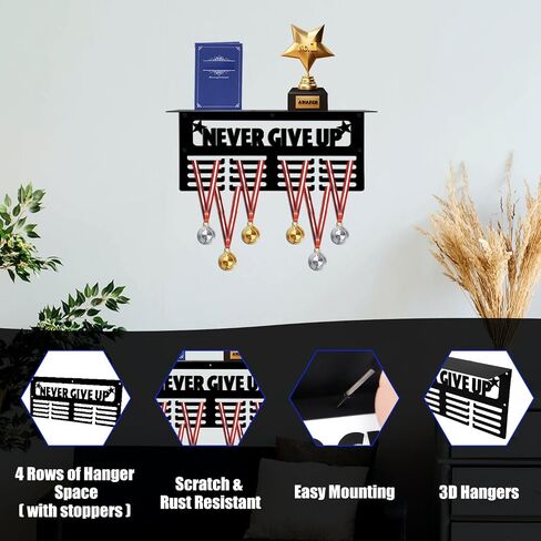 Medal Display Hanger, Sports Medal Stand Never GIVE UP Motivational Quotes Medal Shelf Display Rack for Walls Holder More Than 64 Sports Medals (Black) in Saudi Arabia