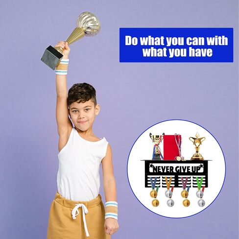 Medal Display Hanger, Sports Medal Stand Never GIVE UP Motivational Quotes Medal Shelf Display Rack for Walls Holder More Than 64 Sports Medals (Black) in Saudi Arabia