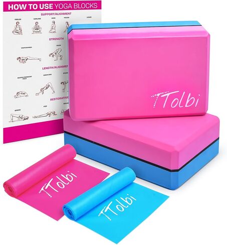 مجموعة مكعبات اليوغا المكونة من قطعتين مع أشرطة مقاومة ودليل: كتلة إسفنجية EVA غير قابلة للانزلاق - معدات تمدد مثالية للتمرينات المنزلية، والرقص، والباليه، والجمباز، والبيلاتيس، والتمرين - دعامات حزام مطاطي in Kuwait