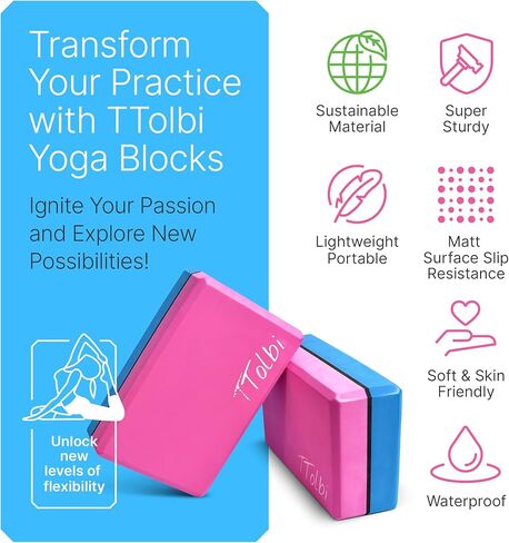 مجموعة مكعبات اليوغا المكونة من قطعتين مع أشرطة مقاومة ودليل: كتلة إسفنجية EVA غير قابلة للانزلاق - معدات تمدد مثالية للتمرينات المنزلية، والرقص، والباليه، والجمباز، والبيلاتيس، والتمرين - دعامات حزام مطاطي in Kuwait
