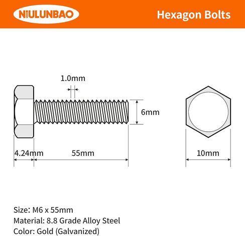 M6-1.0 x 55mm Heavy Duty Hexagon Bolts Hex Head Screws, 8.8 Grade Alloy Steel, Galvanized Finish, Metric Machine Fully Threaded, 10PCS in Kuwait