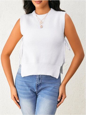 Verdusa Women's Split Tie Side Crew Neck Sweater Vest Sleeveless Crochet Knit Sweaters Tank Top in Saudi Arabia