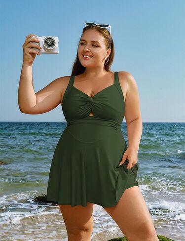 Hanna Nikole Women Plus Size 1 Swimdress بدلة السباحة المتواضعة قطع ملابس السباحة v الرقبة اللطيفة in Kuwait