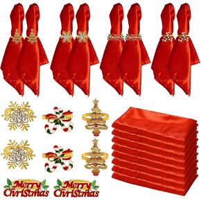 Christmas Metal Napkin Rings Plus Cloth Napkins Set of 16, 8 pcs Satin Red Cloth Napkins, 8 pcs Xmas Tree Napkin Holders for Christmas Thanksgving Festival Party Dinner Table Decor