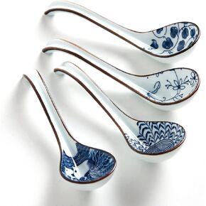 Ceramic Soup Spoons, Asian Soup Spoon Japanese Ramen Spoons,Long Handle Perfect Depth Spoon Set for Soup Dumpling, Pho, Noodles, Miso, Chinese Wonton, Dishwasher Safe- Set of 4- Blue