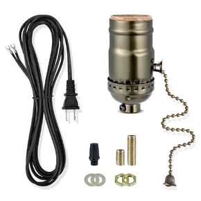 Lamp Repair Socket Kit,Pull chain ON/OFF switch Socket for DIY Lamp with 8 feet Matching Cord and Essential Hardware, Table Lamp Rewiring Kit for Vintage Lamps or DIY Lighting Fixtures (Antique Brass)