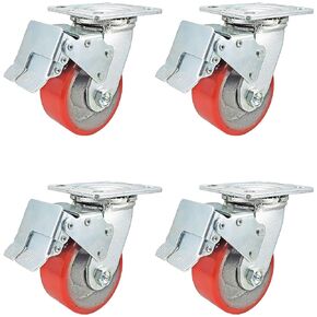 CasterHQ - 4" x 2" Total Lock Caster Set of 4 with Red Polyurethane on Steel Wheel - 2,800 lbs Capacity per Set of 4