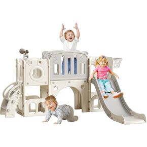 8 in 1 Toddler Slide,Kids Slide Playset for Toddler,Indoor Outdoor Slide Toddler Playset with Ball & Hoop, Storage Space and Non-Slip Steps,Gift for Boys and Girls 1-3 Years (White Gray)