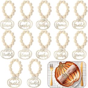 Ferraycle 12 Pcs Thanksgiving Wood Beads Napkin Rings Fall Napkin Rings Rustic Wooden Napkin Rings Farmhouse Napkin Rings Prayer Beads Wall Hanging Decor for Thanksgiving Fall(Pumpkin Style)