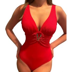 One-Piece Ribbed Swimsuit for Women, V-Neck Tummy Control Swimwear with Metal V-Shape Buckle Detail