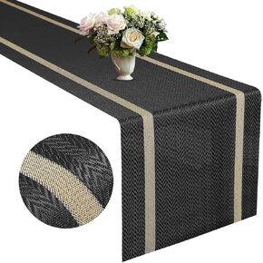 FAVE Woven Vinyl Table Runner Black Table Runner Woven with Golden Threads 72x12 in Heat Resistant Table Runner Wipeable Waterproof Dining Table Runner (Table Runner-Black)