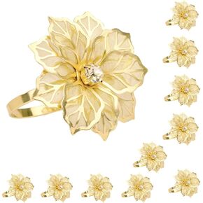 Flower Napkin Rings Set of 12 Gold with Rhinestone Accent Decor for Cloth Napkins, Decorative Hollow Carved Floral Metal Napkin Rings for Dining Wedding Party