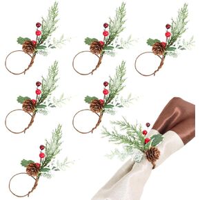 6 Pcs Christmas Napkin Rings Christmas Pine Cones Red Berry Napkin Holder Xmas Cedar Decorative Napkin Rings for Christmas New Year Party Table Dinner Decoration Supplies