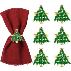 Christmas Tree Napkin Rings Set of 6, Gold Christmas Napkins Holder with Green Tree Metal Napkin Rings for Christmas, Wedding, Thanksgiving, Parties, Dinning Table Celebration