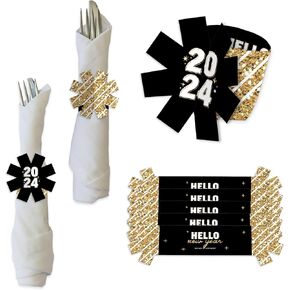 Big Dot of Happiness Hello New Year - 2025 NYE Party Paper Napkin Holder - Napkin Rings - Set of 24