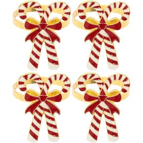 Yardwe 4PCS Christmas Napkin Rings, Candy Cane Napkin Holders with Bow, Metal Serviette Buckle for Christmas Holiday Party Dinner Table Setting