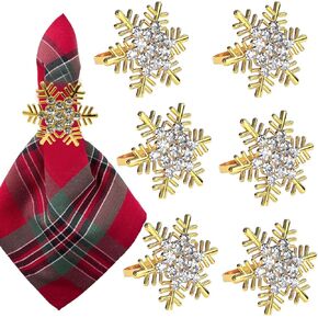 6Pcs Christmas Snowflake Napkin Rings Set Metal Rhinestone Xmas Napkin Rings Holder Gold Snow Flake Napkin Buckles for Christmas Holiday Party Wedding Cloth Napkins Dinner Table Decor Supplies