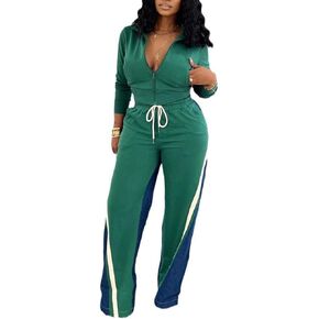 KANSOON 2 Piece Sets for Women Fall Tracksuit Outfits Long Sleeve Striped Zip Up Jacket Denim Patchwork Pants Lounge Set