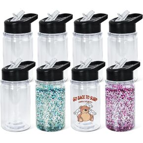 10oz Double Wall Clear Water Bottle Bulk Plastic Snow Globe Tumbler with Handle Lid, 8 Pack Acrylic Pre-Drilled Hole with Stopper Sippy Snow Globe Kid Water Bottle for Scool Sport DIY Gift