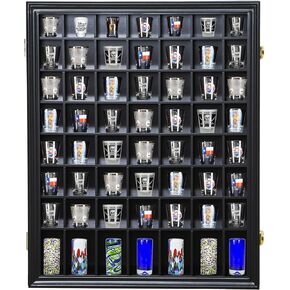 Shot Glass Display Case Wooden Cabinet Rack Holder Wall Mounted 56 Slots Black Shadow Box Lockable with UV Protection Acrylic Glass Door Shot Glass Storage Display with Removable Shelves, 23.3"x18.74"