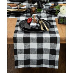 Solino Home Linen Check Table Runner 36 inch – 100% Pure Linen Black and White Buffalo Plaid Table Runner 14 x 36 Inch – Farmhouse Table Runner for Spring, Winter, Holiday