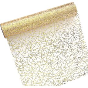 Coume Gold Metallic Table Runner 11" x 33 ft Glitter Gold Disposable Table Runner Mesh Gold Table Centerpieces Decorations for Wedding Bridal Shower Birthday