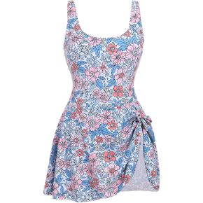 OBEEII Womens One Piece Swimdress Swimsuit Tummy Control Retro Floral Swimsuit with Skirt Modest Bathing Suits