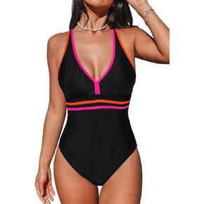 CUPSHE Women's One Piece Swimsuit Color Block Bathing Suit V Neck Crisscross Back Self Tie