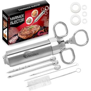 304 Stainless Steel Meat Injector Syringe-2 Oz Meat Injectors For Smoking with 3 Needles 3 Brushes-Spare O Rings-Food Injector for BBQ,Turkey & Brisket (Stainless Steel)