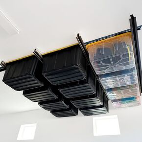 GARAGE STORAGE TOTE SLIDE RACK Overhead Tote Storage Rail System, Garage Ceiling Bin Storage Rack Heavy Duty Adjustable Tote Slide Garage Storage System, NEGRO, MR0001