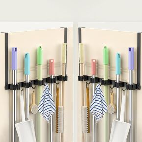 Broom Holder Over The Door-2PCS Drilling Free Mop and Broom Holder with 4 Over Door Hook, Metal Mop and Broom Holder Wall Mount Broom Storage Tool Organizer for Laundry Room Garage Kitchen Bathroom