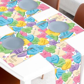 HOWAF Valentine's Day Table Runner, Valentines Table Runner with Place Mat for Conversation Hearts Decorations, Candy Hearts Table Liner with Placemats for Galentines Day Table Decor,Set of 5
