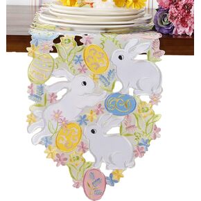 Easter Table Runner Spring Bunnys Flowery Table Runner Cutwork Embroidered Floral and Bunnys Dresser Scarf Table Topper Home Kitchen Dining Tabletop Decoration (Runner 13"×36", Bunny)