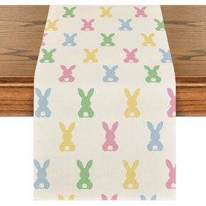 Artoid Mode Green Pink Bunny Rabbit Easter Table Runner, Spring Kitchen Dining Table Decoration for Home Party Decor 13x72 Inch