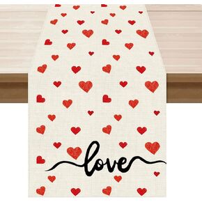 Romantic Valentines Day Painted Red Love Hearts Cloth Table Runner Burlap Table Decoration for Home Kitchen Dining Dinner Indoor Holiday Farmhouse Decor 13x72 Inch