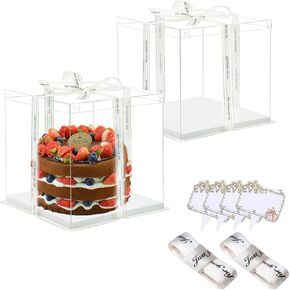 Clear Cake Box, 2 Pcs Transparent Cake Carrier Box with Lids, 6'' PET Cake Packaging Boxes with Ribbon Gift Card for Pastries, Clear Gift Boxes for Birthday, Wedding and Festival Party, White.