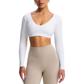 Aoxjox Long Sleeve Crop Tops for Women V Neck Workout Athletic Gym Cropped T Shirt Top
