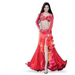 ROYAL SMEELA Belly Dance Costume Set for Women Belly Dancing Skirts Bra and Belt Sleeves Professional Suit 4pcs Mermaid Skirt Red