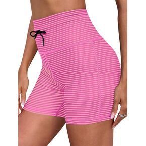Fisoew Womens High Waisted Biker Shorts Workout Striped Tummy Control Butt Lifting Drawstring Running Gym Yoga Shorts