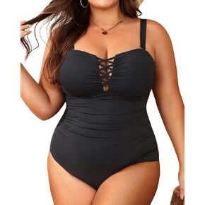 Women Plus Size One Piece Swimsuit - Tummy Control Bathing Suits Ruched Lace up Swimwear Bandeau Retro Swimsuits 2025