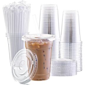WELLIFE 100 Sets 16 oz Plastic Cups with Lids and Straws, Clear Disposable To Go Iced Coffee Cups for Smoothie Cold Drinks Beverages Milkshake Party Travel Cafe Restaurant School Work Office Home