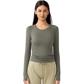 LUYAA Women Long Sleeve Gym Shirts Yoga Sports Running Seamless Breathable Gym Athletic Top Slim Fit M Gray Green