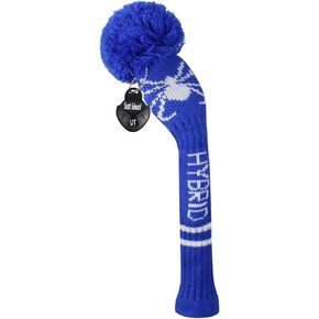Scott Edward 1PCS Hybrid Knitted Golf Club Cover Head Cover with a Pom Pom Fits Well Hybrid(UT) Club with Rotating Number Tags for Male/Female Golfers (Blue White Spider)